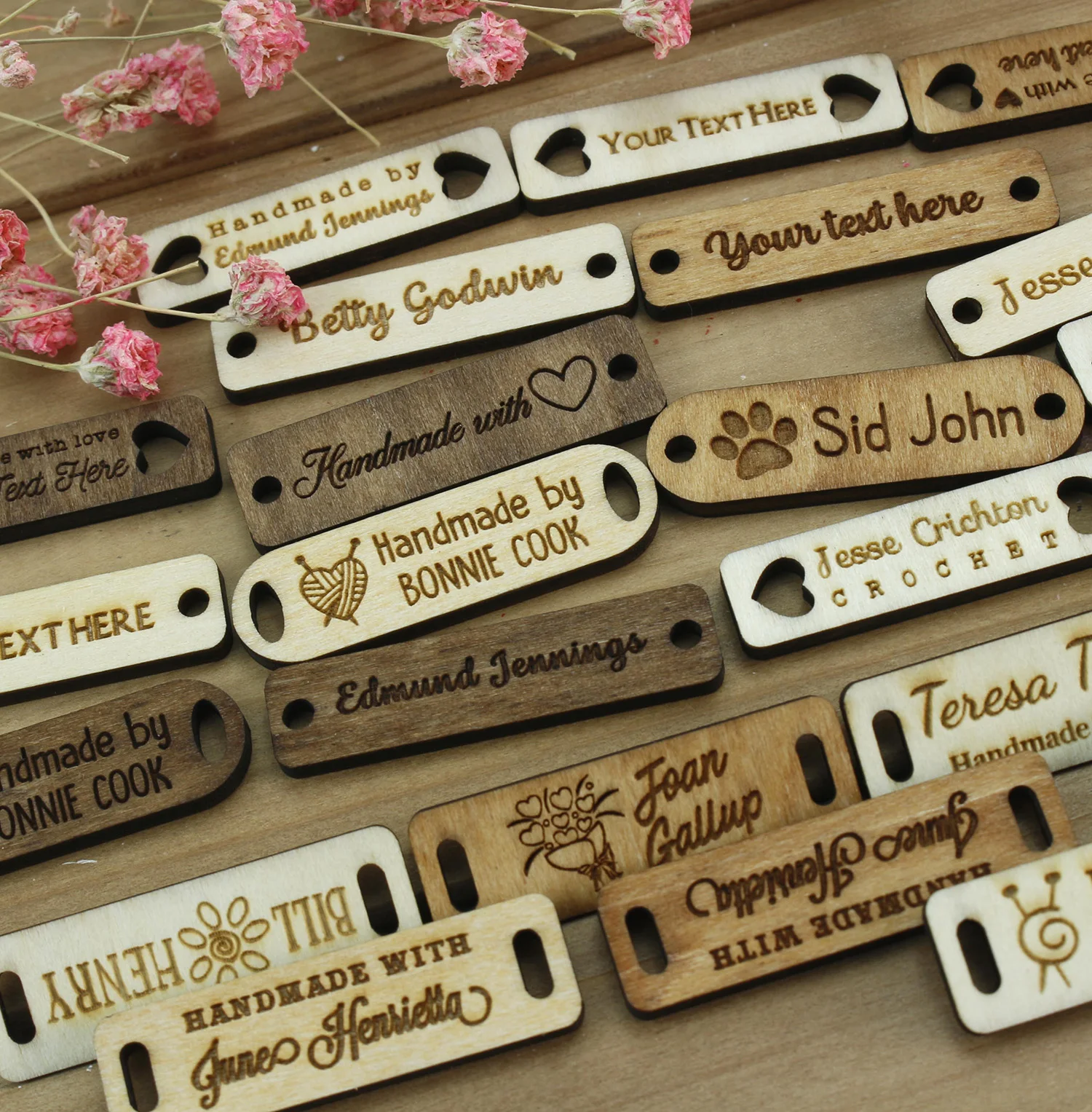 Rectangular wooden label,Wooden buttons,Personalized,Custom wood,Wood Name tag,Gift tags,Laser engraved,DIY WOOD CRAFT,Crocheted