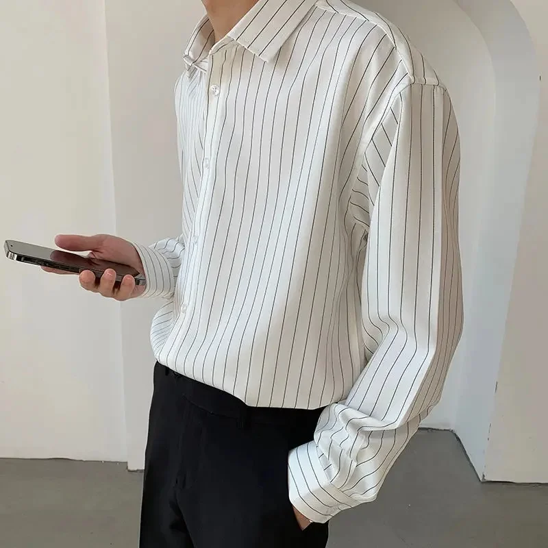 Men Loose Vertical Striped Long Sleeve Button‑Up Shirt Business Casual Office Daily Shirts