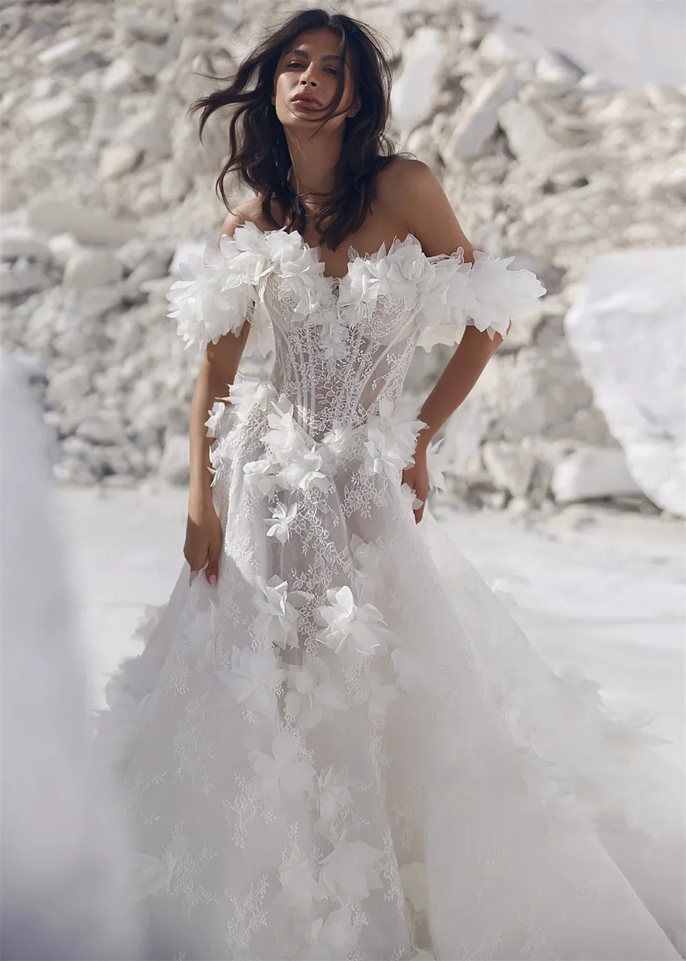 Vestido de graduación Formal de Arabia Saudita, falda larga con hombros descubiertos hasta el suelo, apliques de tul sin mangas, flores hechas a