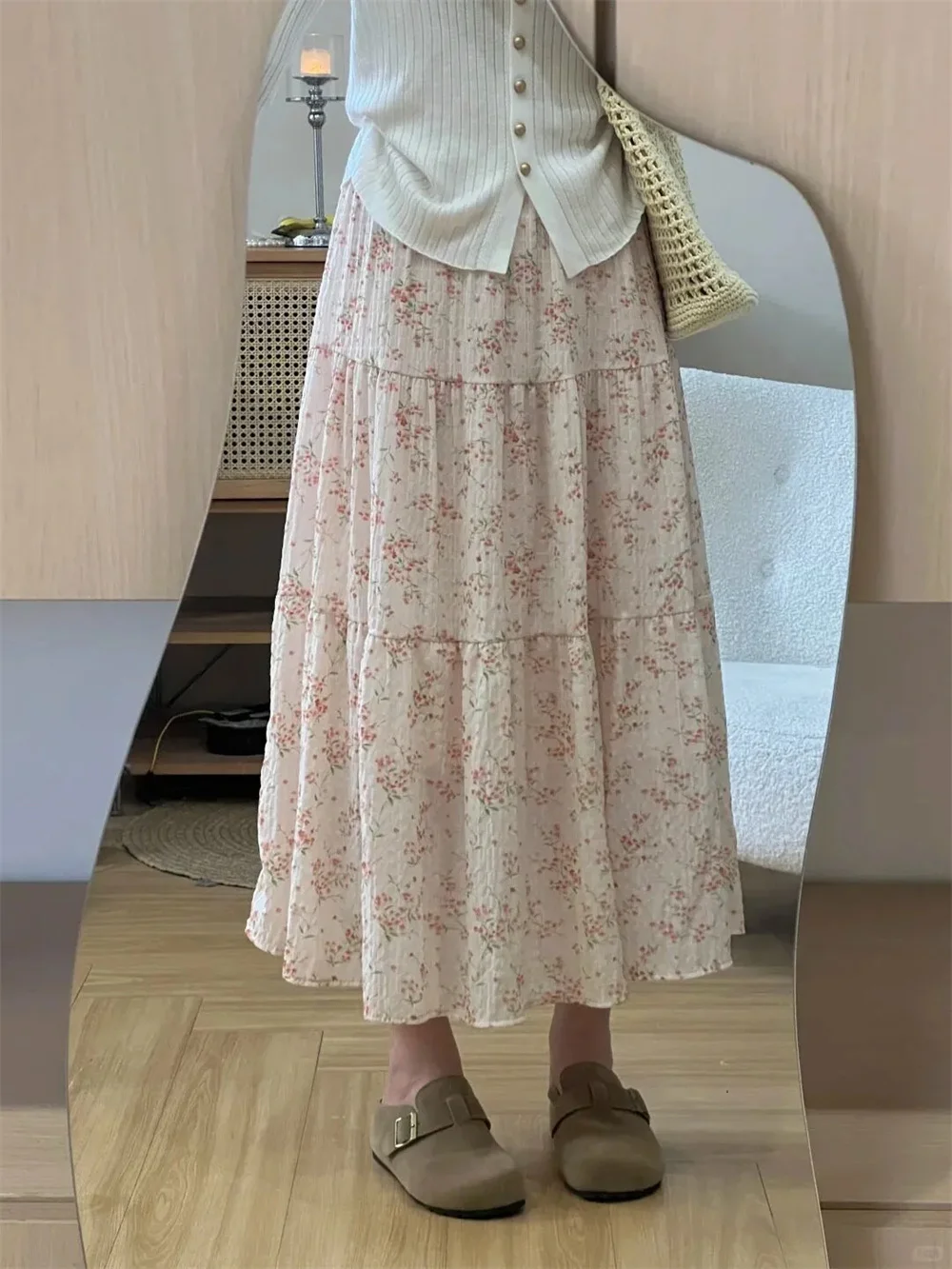 

Sweet Floral Chiffon Long Skirt Women High Waist Fashion Elegant Loose Cake Skirts Korean Chic Casual Female Summer Soft Skirts