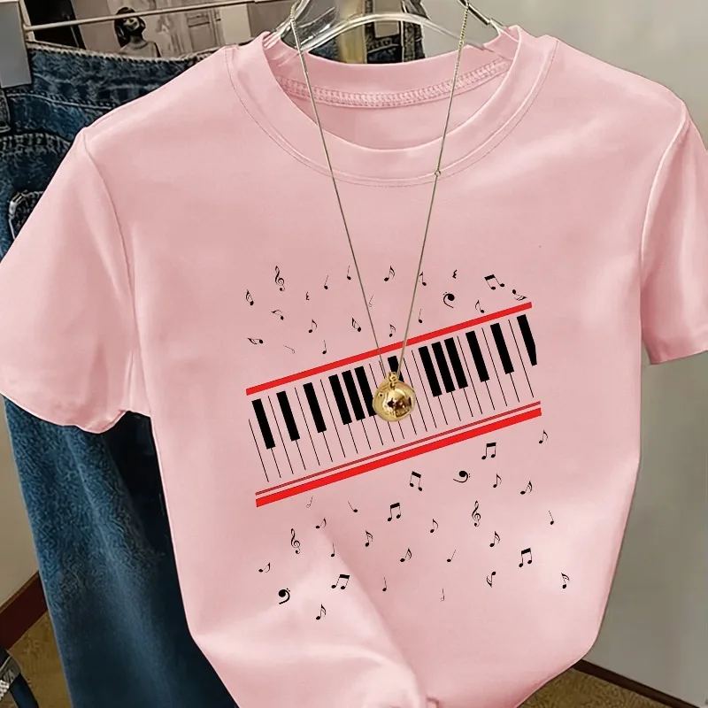 Ladies' Fashionable Piano Keyboard T-shirt, Ladies' T-shirt Y2K Summer New Item, Unisex Casual Top