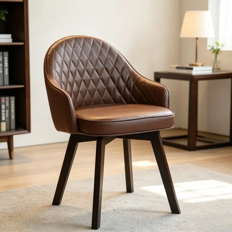Mid Century Retro Dining Chair Diamond Stitched PU Bucket Seat Slanted Solid Wood Leg Minimalist Bedroom Cafe Decor Accent Cha