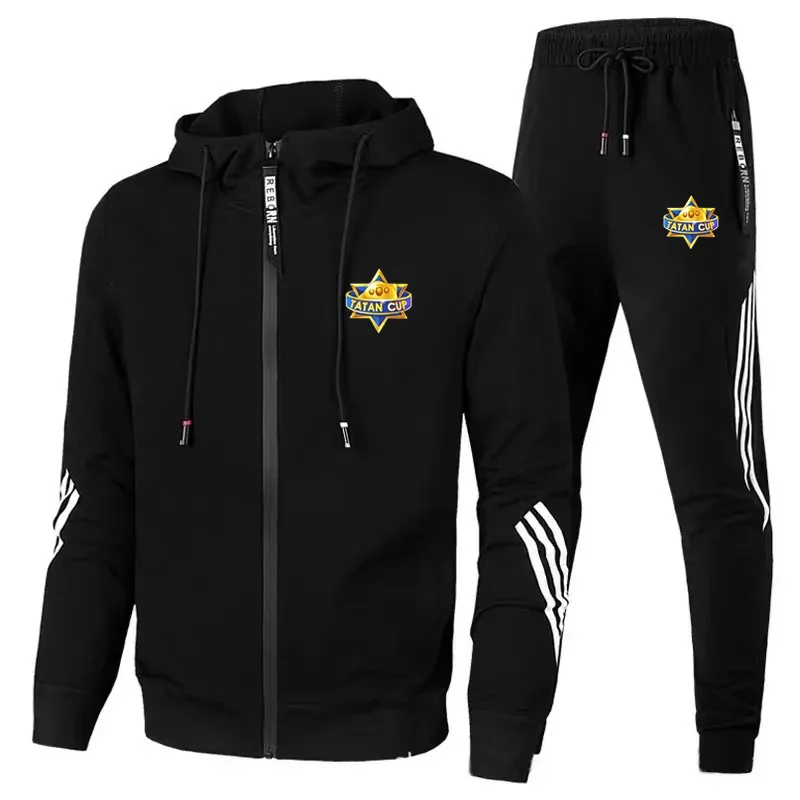 Men's casual wear, high-quality hooded zippered jacket, running, mountaineering, and fitness sportswear 2-piece set for spring a