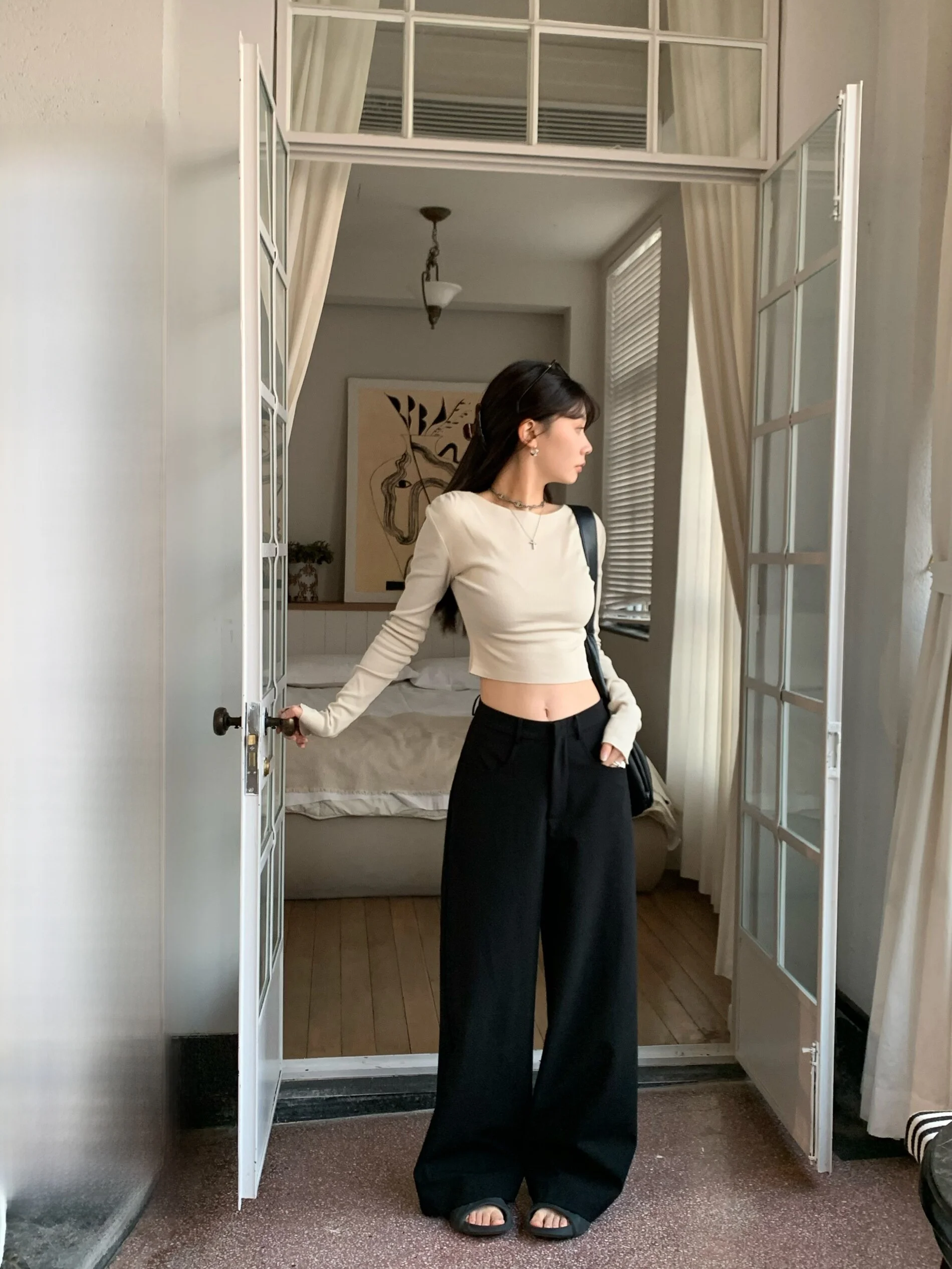 

TeeH Women's Bla Casual Straight Leg Suit Pants High Waist Trousers Long Loose Fitting Polyester Fiber Commute Sle