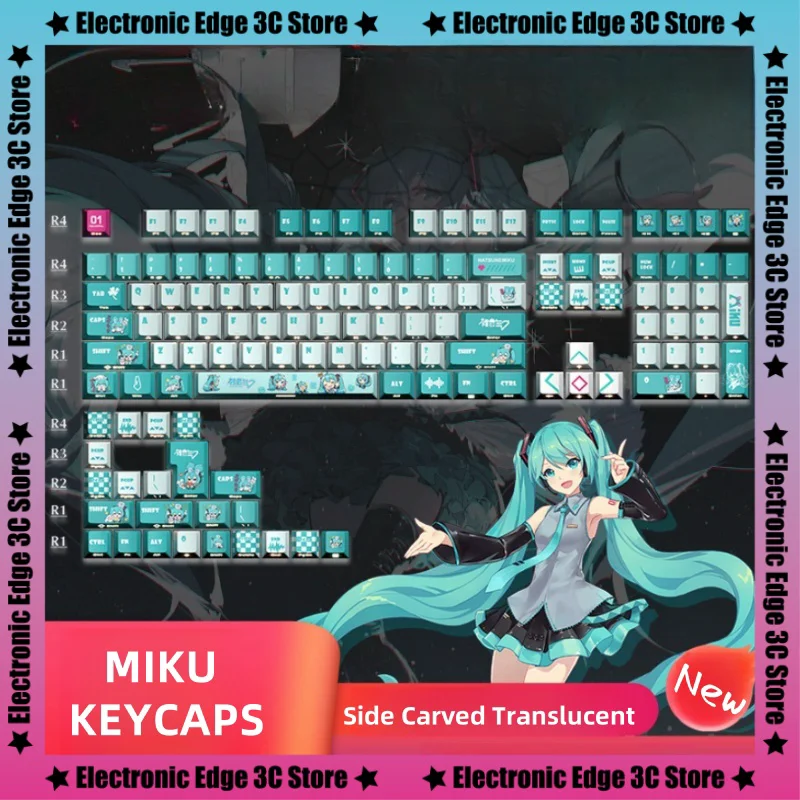 2025 החדש miku צד מגולף שקוף keycaps פרופיל דובדבן pbt תרמי לוח מקשים מכני keycap אנימה