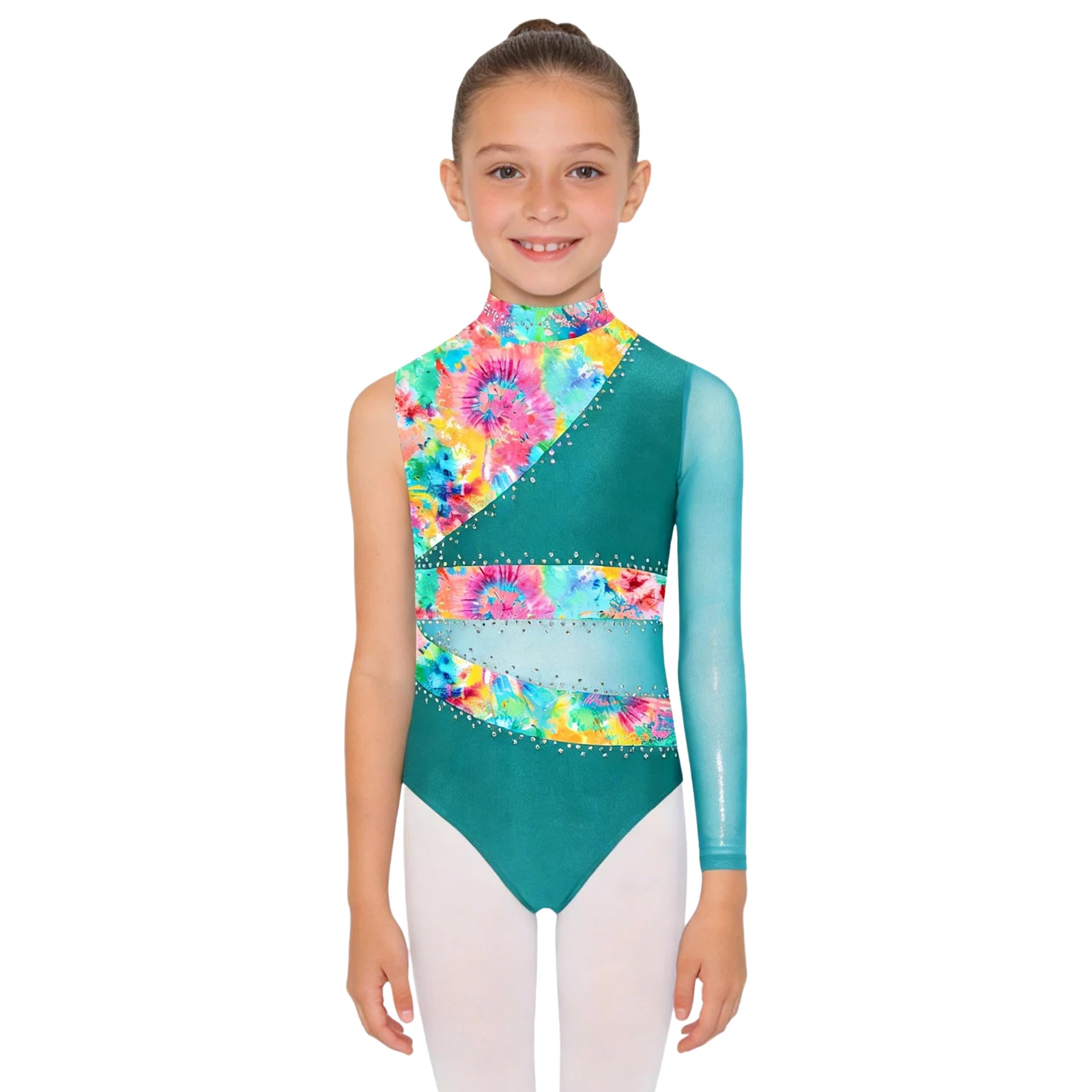 Maillot de Ballet, Gimnasia, Patinaje y Acrobacias para Adolescentes, con Malla Transparente, Brillante, con Pedrería, Estampado, para Clases de Danza y Yoga
