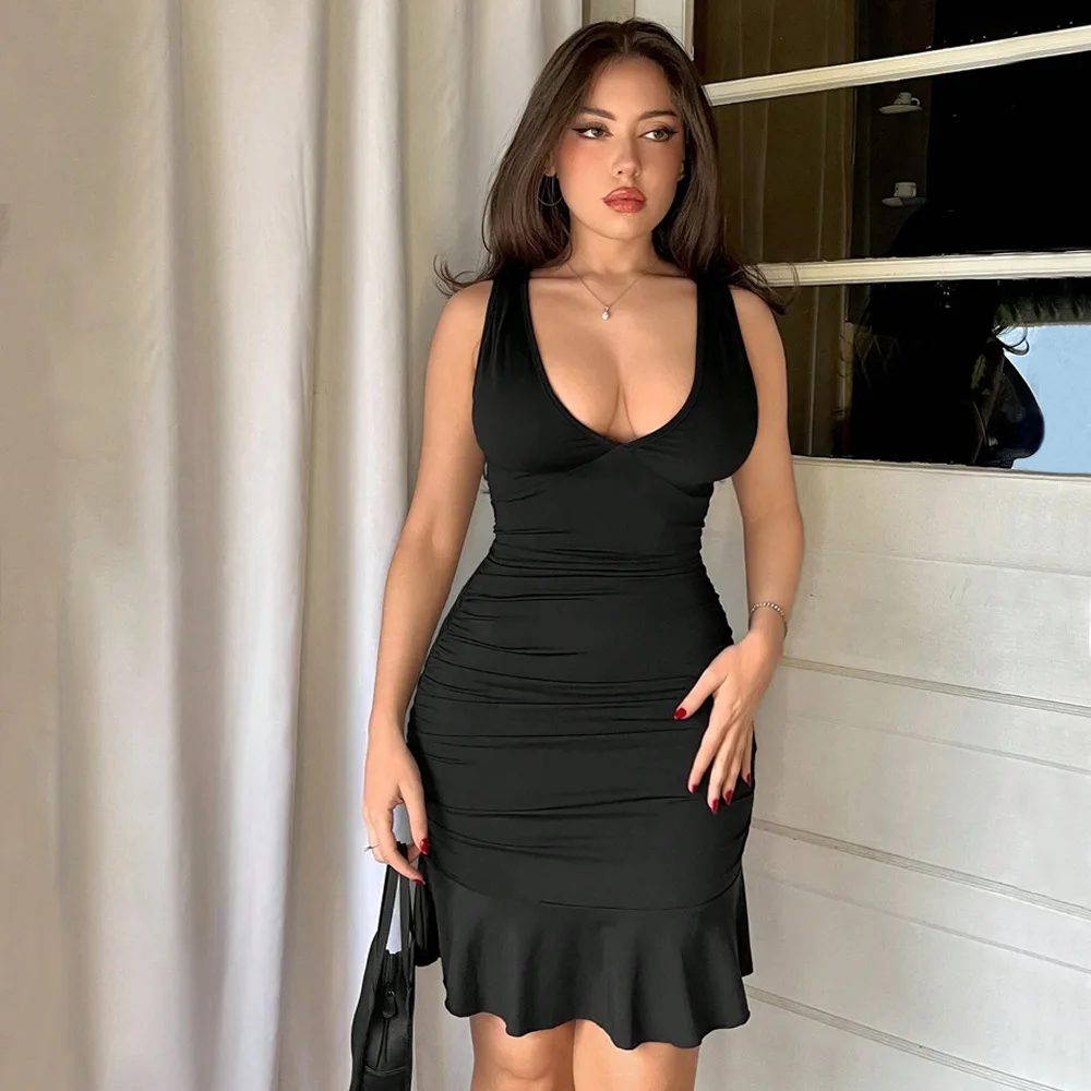 Trendy Japanese Cotton Sexy Deep U Neck Ruched Waist Slimming Bodycon Dress