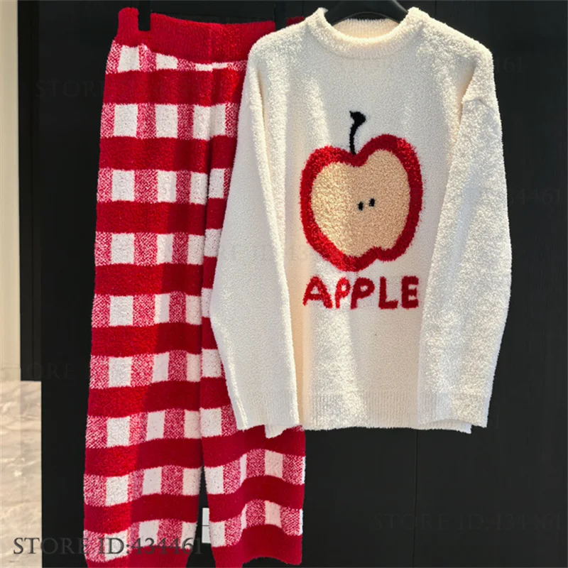 Thicken Coral Fleece Female 2Pcs Pajamas Set Loungewear Autumn Winter Cute Cartoon Trouser Pijamas Suit Loose Flannel Homewear