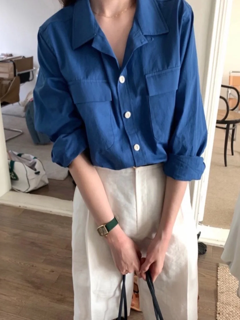 

Loose Casual Lazy Style Mone Workwear Wind Shirt Top Candy Miss Korean Version Leisure Long Sleeve Button down Pure Color