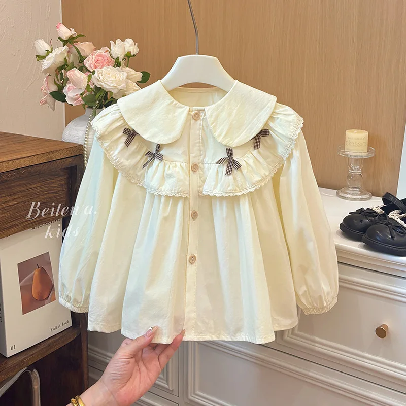 

New Spring Toddler 1-10Y Girls Elegant Bow Ruffle Shirt Stylish Versatile Blouse Fashion Outwear Tops for 80-160cm