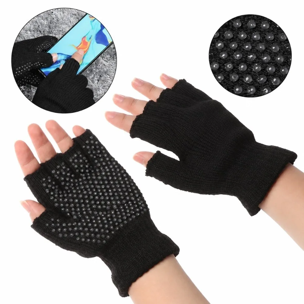 1 Pair Non-Slip Fingerless Gloves Knitted Lightweight Yoga Gloves Stretchy Sweat Absorption Fitness Glove Fitness Exercise