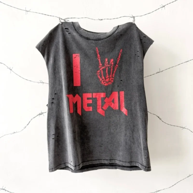 Trendy Retro Streetwear Letter Print Sleeveless Tank Top Summer Top-Quality Loose-Fit Distressed Vest