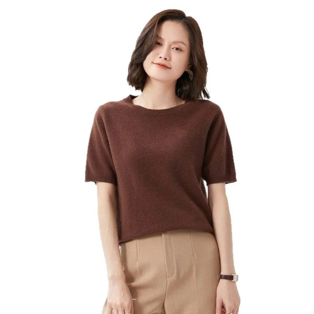 

Women's Cashmere Short Sleeve round Neck Pullover Thin Wool Knitted Bottoming Shirt Half Sleeve Sweater for Spring And Autumn