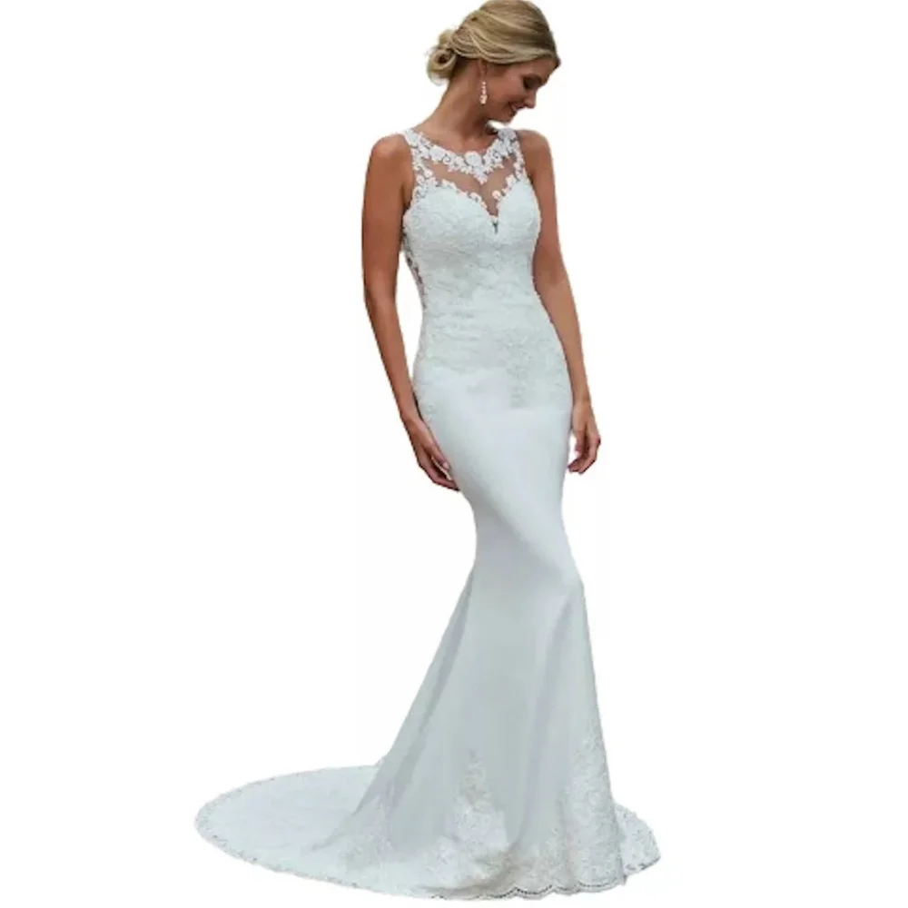 

Lace Elegant Customized Wedding Dresses Tank O Neck Bride Dress Applique Mermaid Bridal Gowns New Sweep Train Vestido De Novia