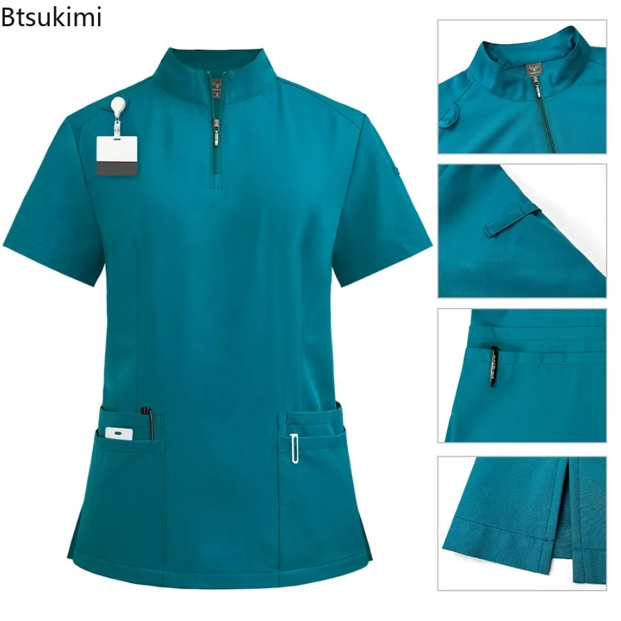 Neutral Medical Frosted Stand Up Collar Zipper Design Doctor and Nurse Work Clothes Solid Color Operating Room Surgical Clothes