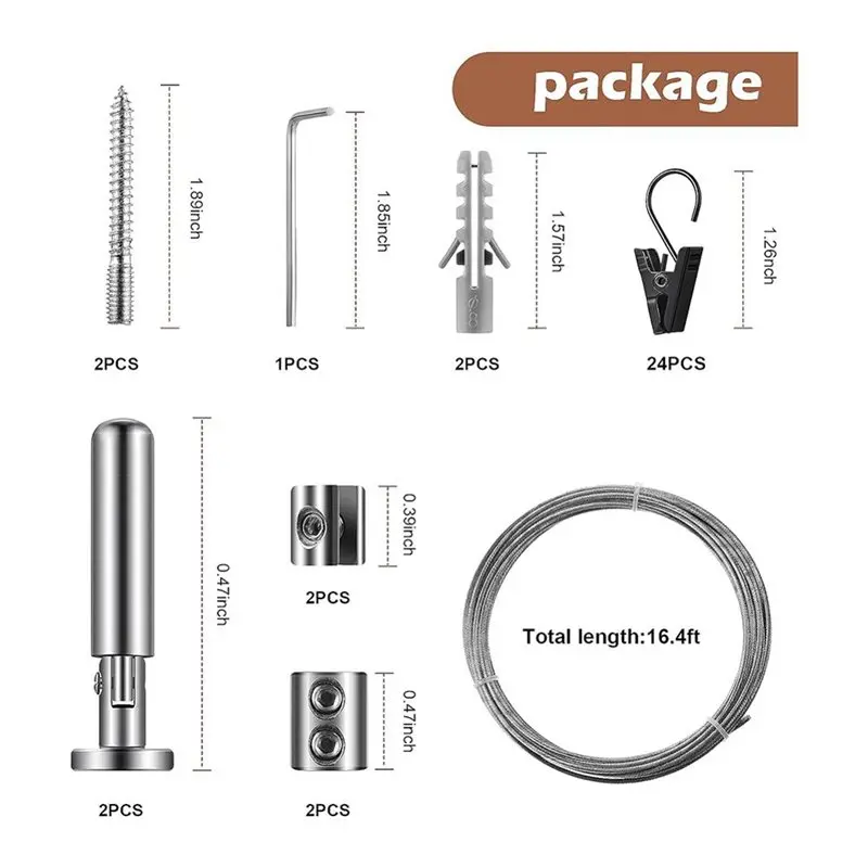 Fresh Adjustable Curtain Drape Wire Rod Set- Room Divider Hanging System(196 Inch/5 M) With 24 Clips