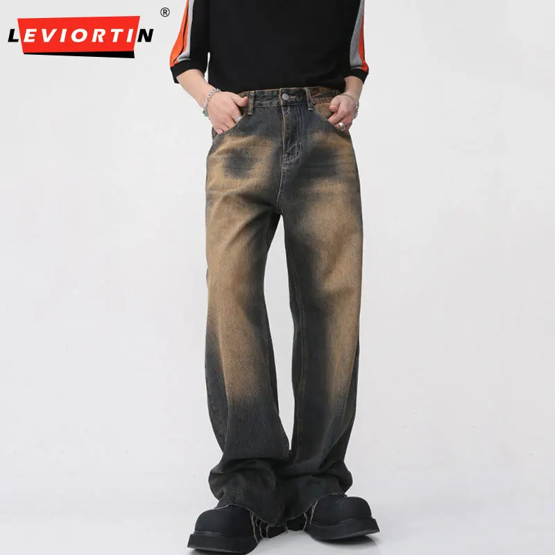 LEVIORTIN Vintage Men's Jeans Burrs Design Summer New Straight Denim Pants Gradient Color High Street Male Wide Leg Trousers