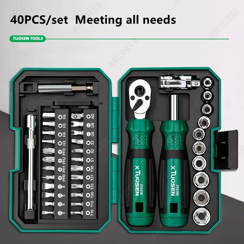 TUOSEN 40 Piece Ratchet Wrench and Screwdriver Comprehensive Set High Hardnes Swear Resistant Durable Multifunctional
