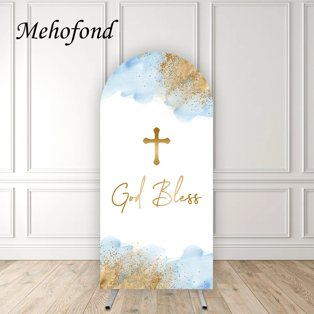 

Mehofond Boy Girl First Communion Backdrop God Bless Arch Background Cover Baptism Party Cross Baby Shower Photo Spandex Prop