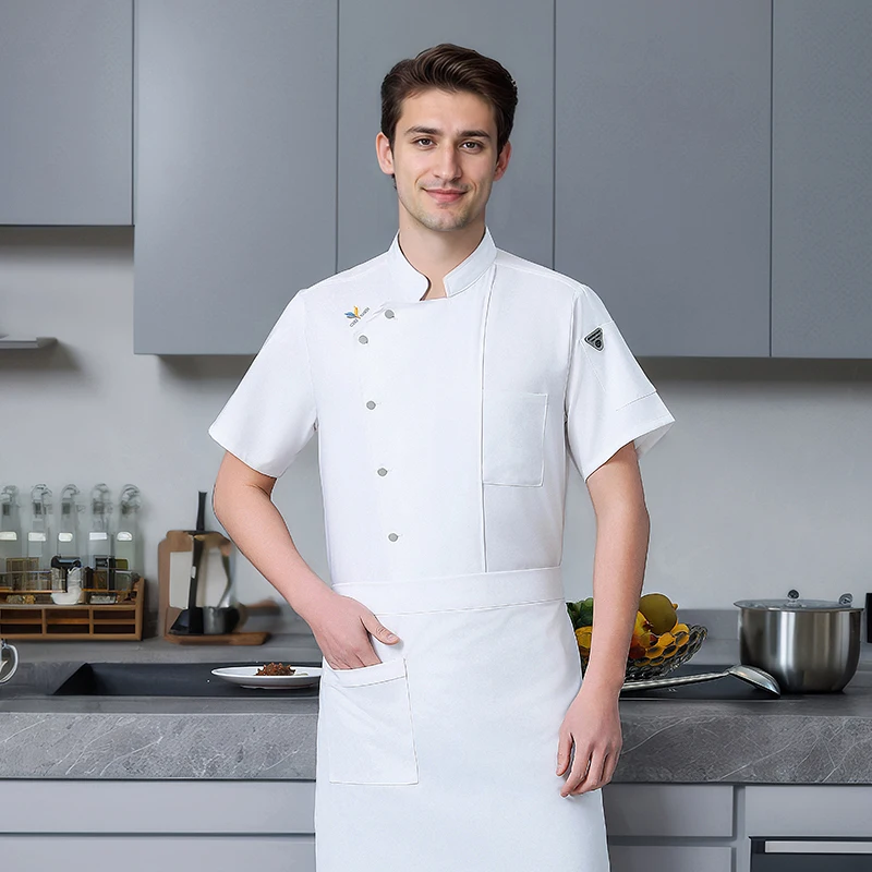 Giacca da cuoco estiva da uomo a maniche corte Uniforme da lavoro da cucina Ristorante traspirante Cappotto da cuoco grembiule bianco abiti da lavoro Pantaloncini da cuoco
