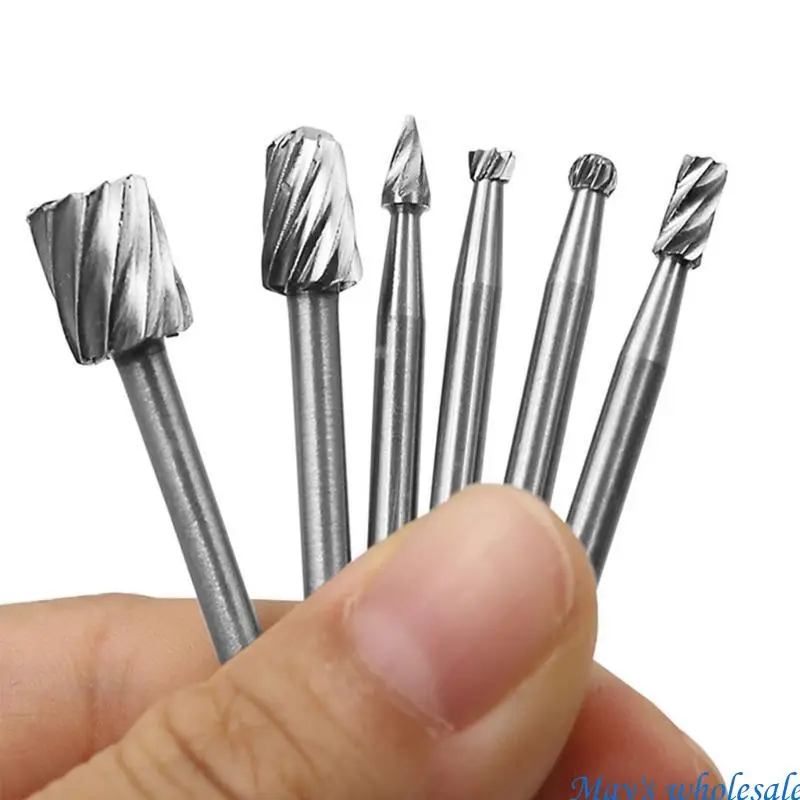 6Pieces Carbides Burr Set 3mm Shank Carbides Burr Set Head Die Grinder Bit for DIY Woodworking Metal Carving Engraving 448A