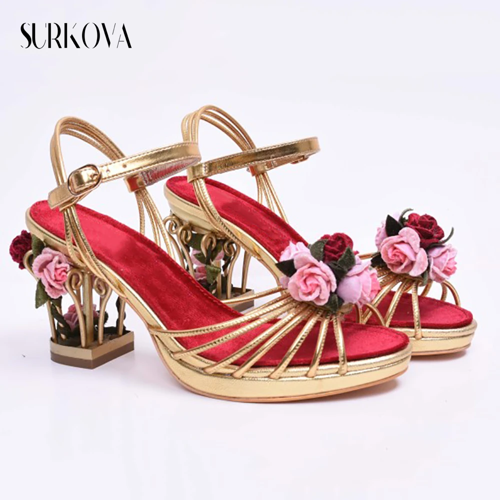 

Birdcage Heel Unique High Heel Sandals for Women Flower Platform Open Toe Sandals Hollow Chunky Heel Buckle Slingback Sandals