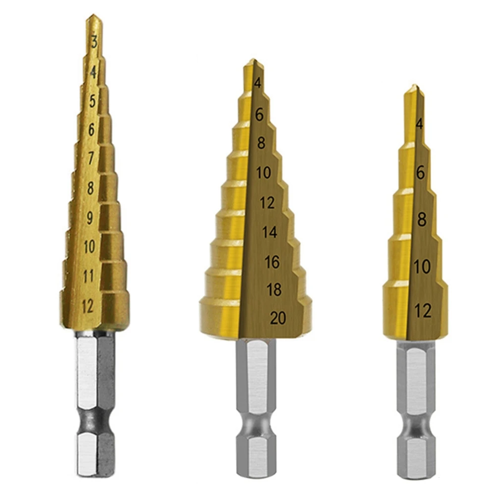 

Step Drill Bit 3Pcs Hss Step Drill Bit Set Cone Hole Cutter Taper Metric Nitriding Hex Core Drill Bits Gold