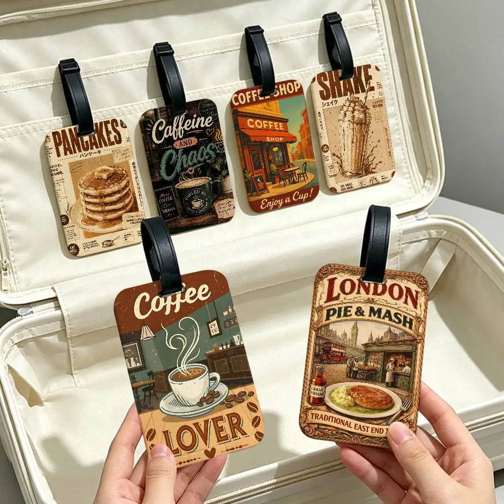 Coffee Shop City Bakery Illustration Durable PVC Anti lost Baggage Tag With Info Card Lightweight Luggage Identification Label