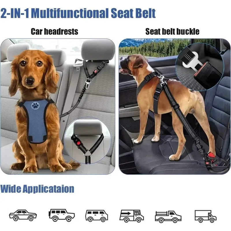 

2-in-1 Adjustable Reflective Dog Car Seat Belt Safety Harness Headrest Restraint Tether Clip Buckle for Large Medium Small Dogs