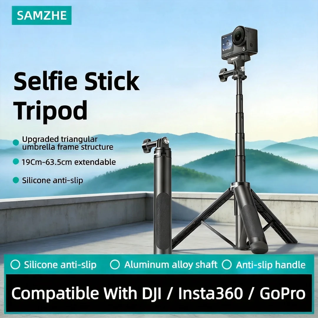 SAMZHE Selfiestick met statief, 19-63 cm, geschikt voor DJI Pocket 4, Action 5, Insta360 X4, X3, Ace Pro 2 en GoPro. Inclusief statief.