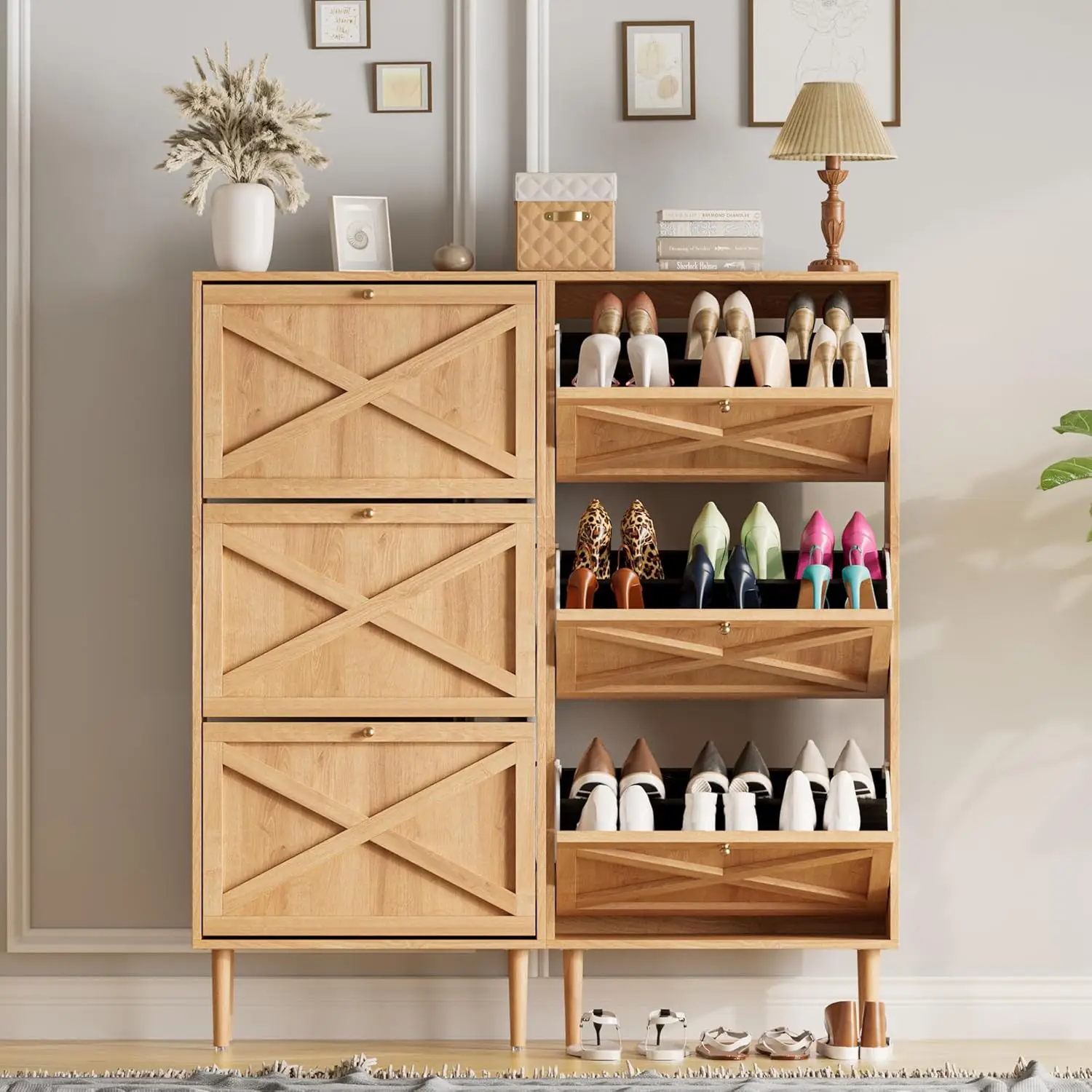 

#3-Drawer Flip Shoe Cabinet Freestanding Hidden Organizer Adjustable Shelf Entryway Hallway 2-Tier Natural Oak, Customized