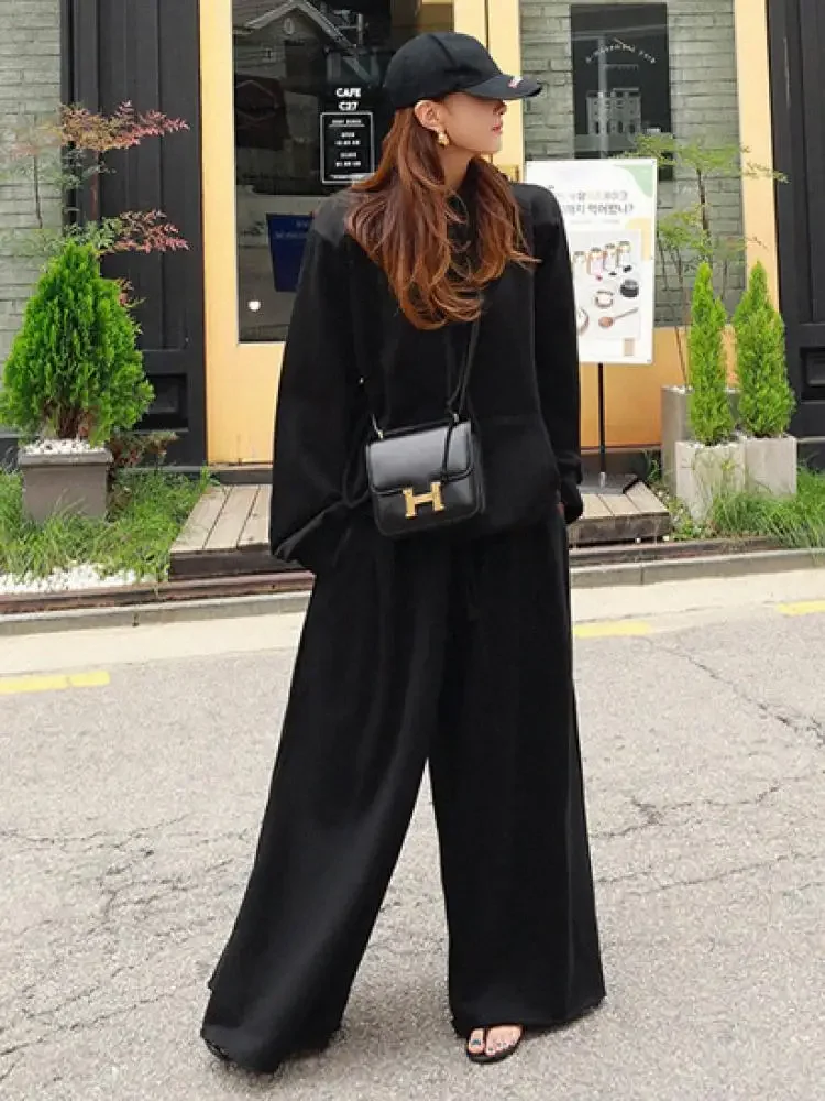 

Onecozyday Women's Casual Pants Cotton Blended Solid Color Wide Leg Trousers Lace-up Elastic Waist Floor Length Pleated Pants