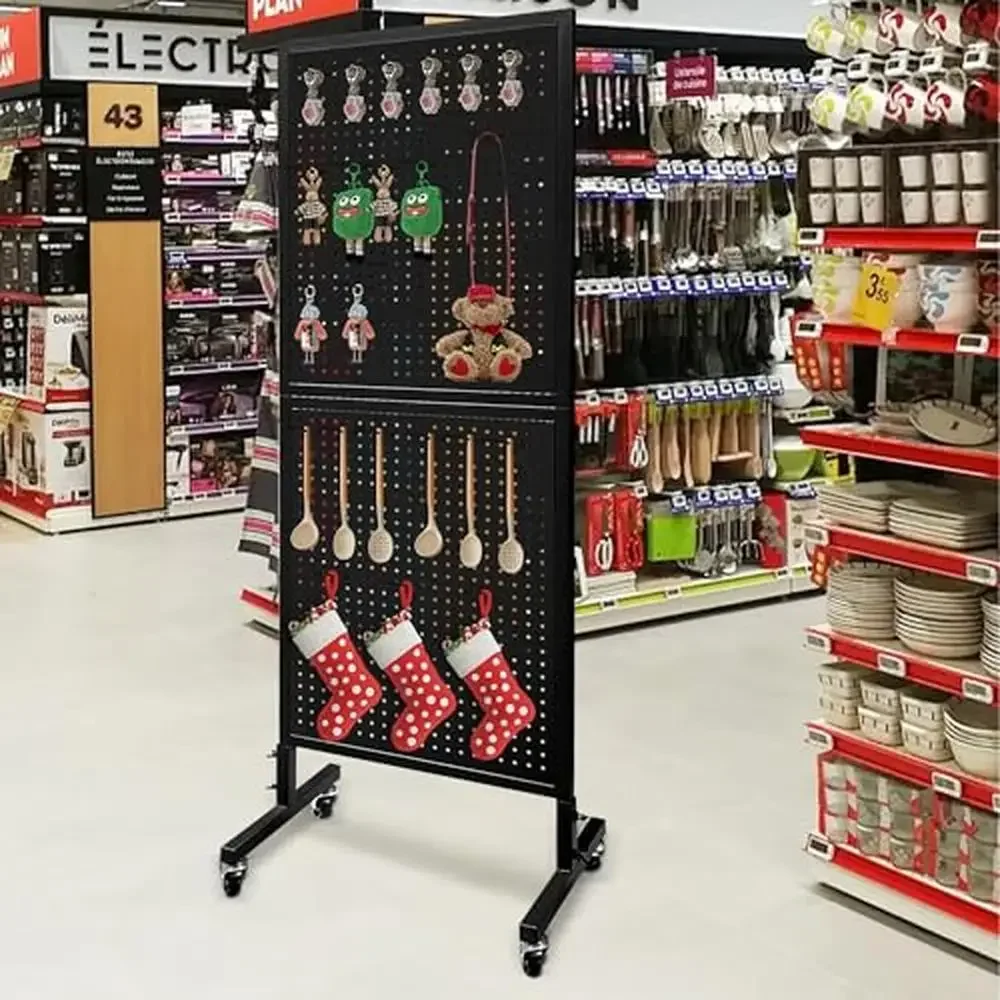 Metal Pegboard Display Stand with Wheels and 30 Hooks Durable Metal Panels Space Efficient Lockable Casters Ideal Garage Retail