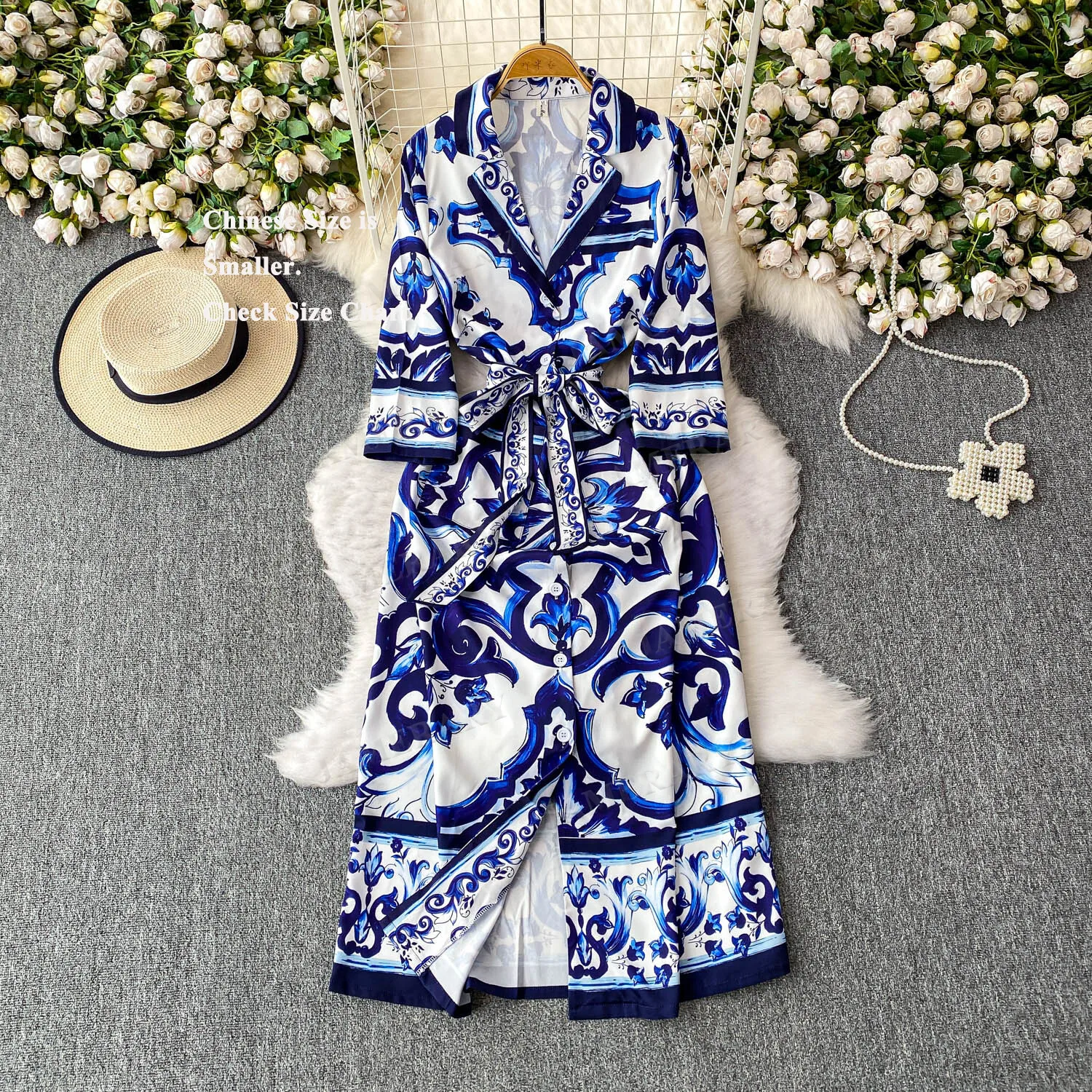 Herbst Pocelain Print Midi Kleider Hemd Frauen Einreiher Schnürsenkel Gürtel Druck Langes Kleid Lose Große Größe Böhmischen Urlaub robe