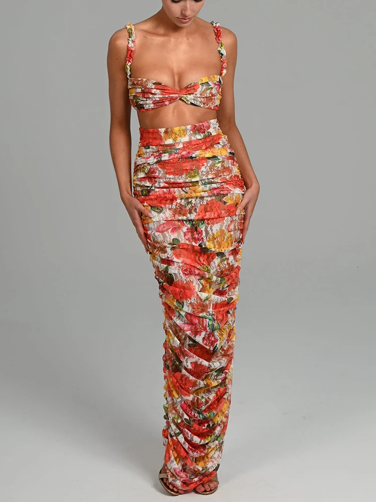

Mozisio Floral Print Lace Ruched Dress Set Women New Strapless Crop Top And Long Skirt Two Piece Sets Printed Sexy Party Set