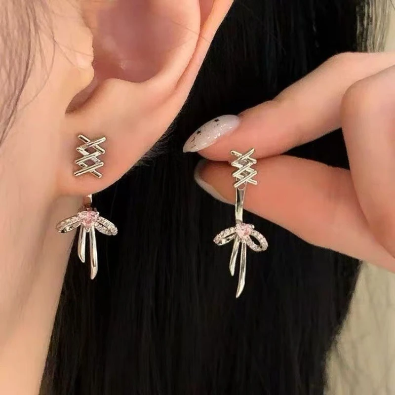 Y2K Girls Sweet Cute Pink Crystal Ballet Style Ribbon Bow-Knot Heart Stud Earring Women Korean Fashion Kpop Earring Jewelry Gift