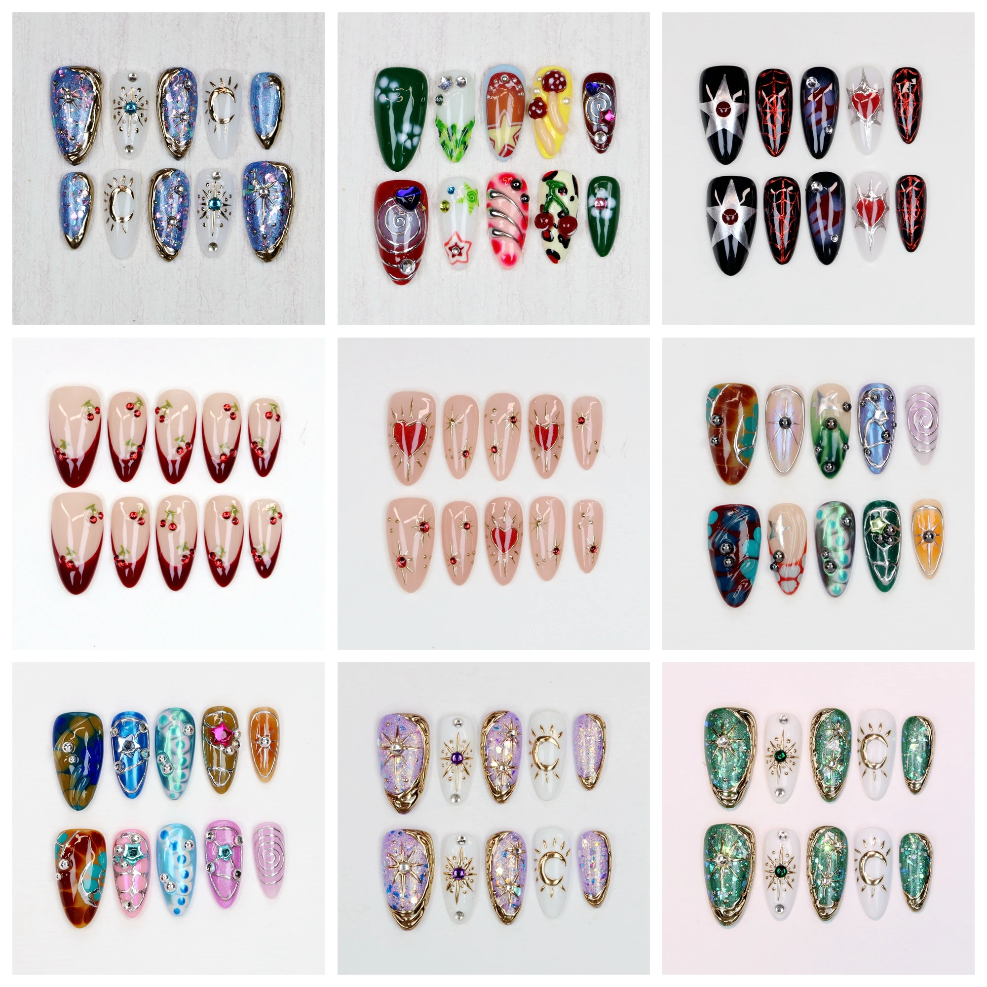 

10Pcs Hand-Painted Free-Style Press On Nails,Y2K 3D Acrylic Metallic Crystal Custom Chrome FreeStyle Almond Holiday Nails