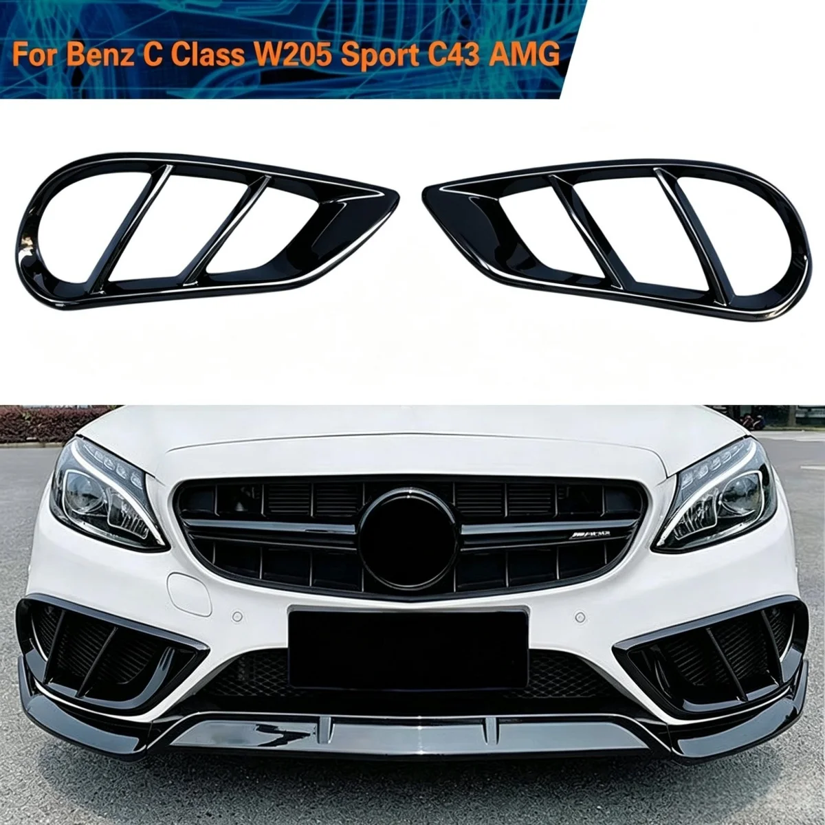 Front Bumper Air Vent Cover Mesh Grill Frame for Mercedes-Benz C Class W205 C43 AMG C180 C200 Sport 2015 - 2018 Gloss Black ABS