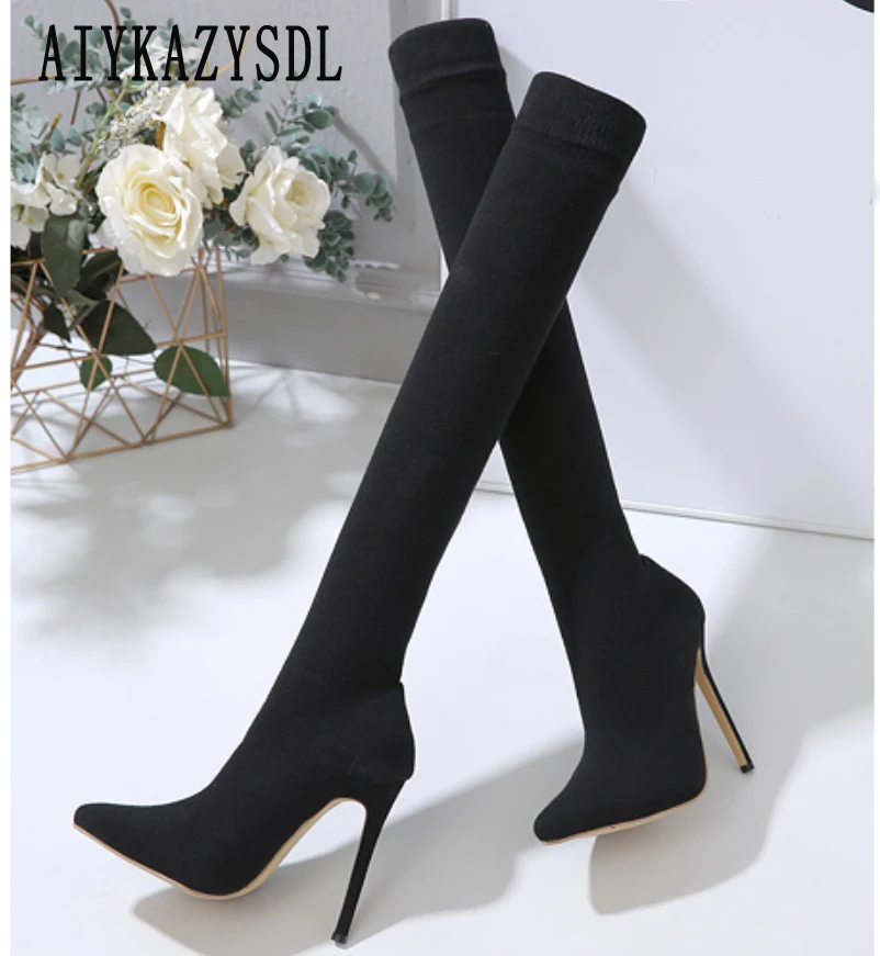 

AIYKAZYSDL Slip On Sock Boots Women Over The Knee Thigh High Boots Knit Stretch Long Boots High Heel Stiletto Winter Shoes 2023