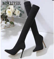 AIYKAZYSDL Slip On Sock stivali donna sopra il ginocchio stivali alti alla coscia stivali lunghi elasticizzati in maglia tacco alto scarpe invernali a spillo 2023