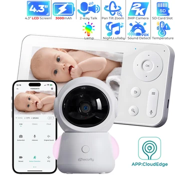 2K WiFi 베이비 모니터 화면 및 앱 제어를 통해 3MP 자동 추적 베이비 카메라 비디오 녹화 및 재생 베이비폰 나이트 비전 양방향 오디오 보모 전화 움직임 및 소리 감지 RGB 라이트 온도 및 습도 센서 프라이버시 마스킹