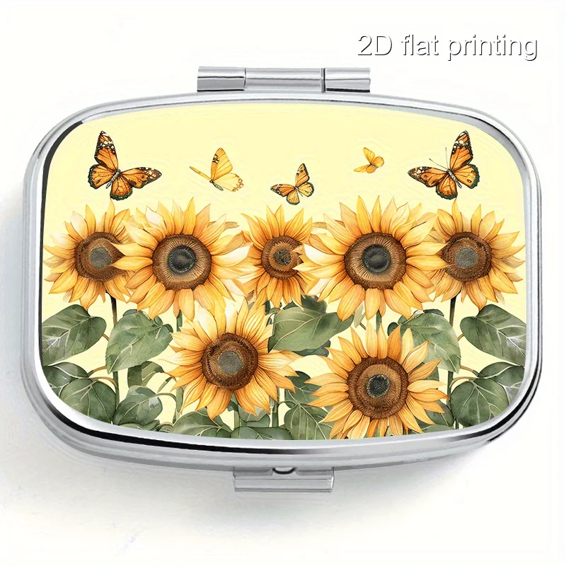 Sunflower and Butterfly Pattern Printed Square Sealed Box, Two-Compartment Sealed Pill Box, Mini Portable Sealed Box, Suitable for Travel, Outdoor Activities, or as a Portable Sealed Box for Wallets or Bags, Multifunctional Metal Box for Decorations, Jewelry, Earrings, Vitamin Storage Box with Multiple Compartments, Organizer Box for Home Use, Travel, Moisture-Proof, Unique Holiday Gifts, Birthday Small Gifts, Collection Box