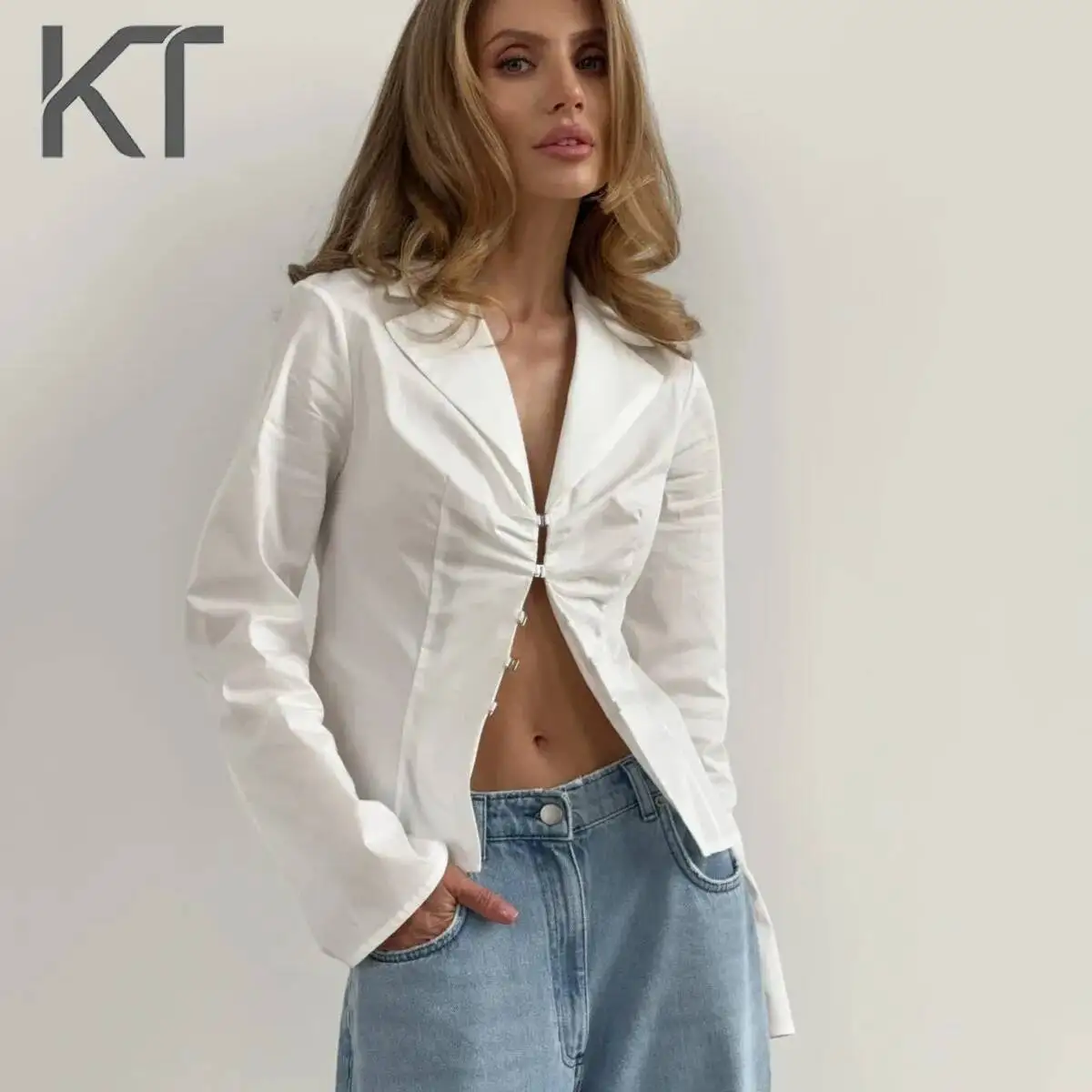 

KT Women's White Cropped Blazer Top with Ruched V-Neck and Hook & Eye Closure, Perfect for Brunch & Night Out Fitted Cropped