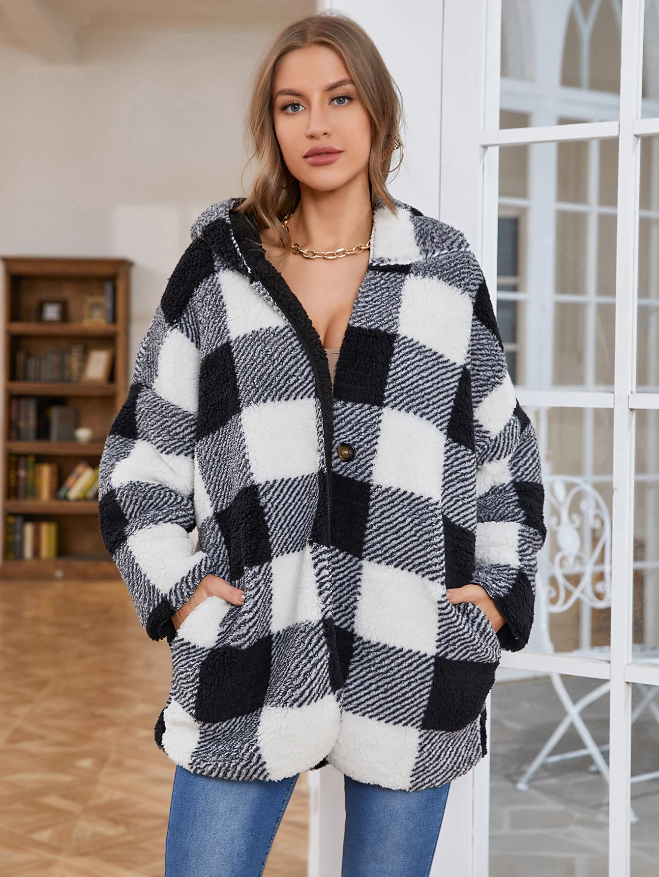 FTLZZ Autumn Winter Women Fleece Plaid Hooded Jacket Coat Long Sleeve Sherpa Cardigan Jackets with Pockets