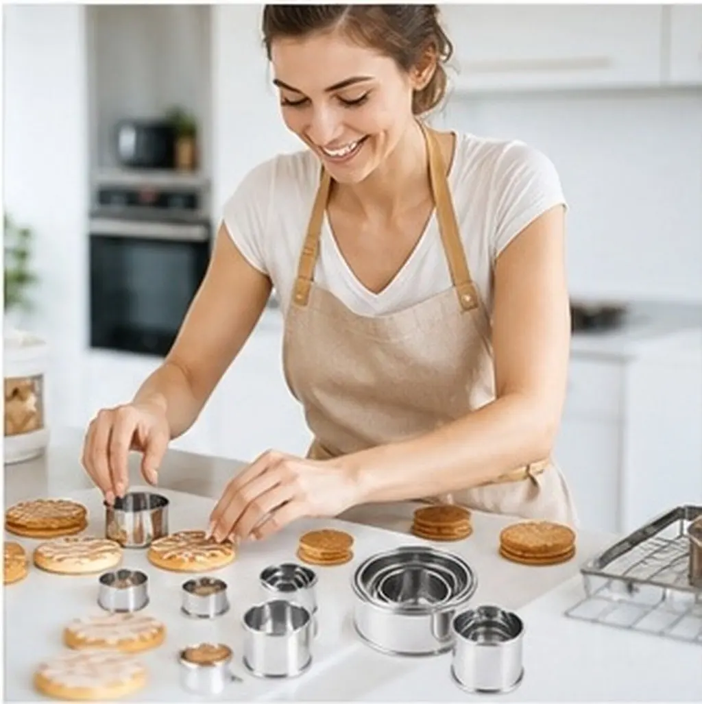 14Pcs Round Pastry Cutters Stainless Steel Cookie Molds Baking Set for Christmas Birthday Easter Party DIY Dessert Making