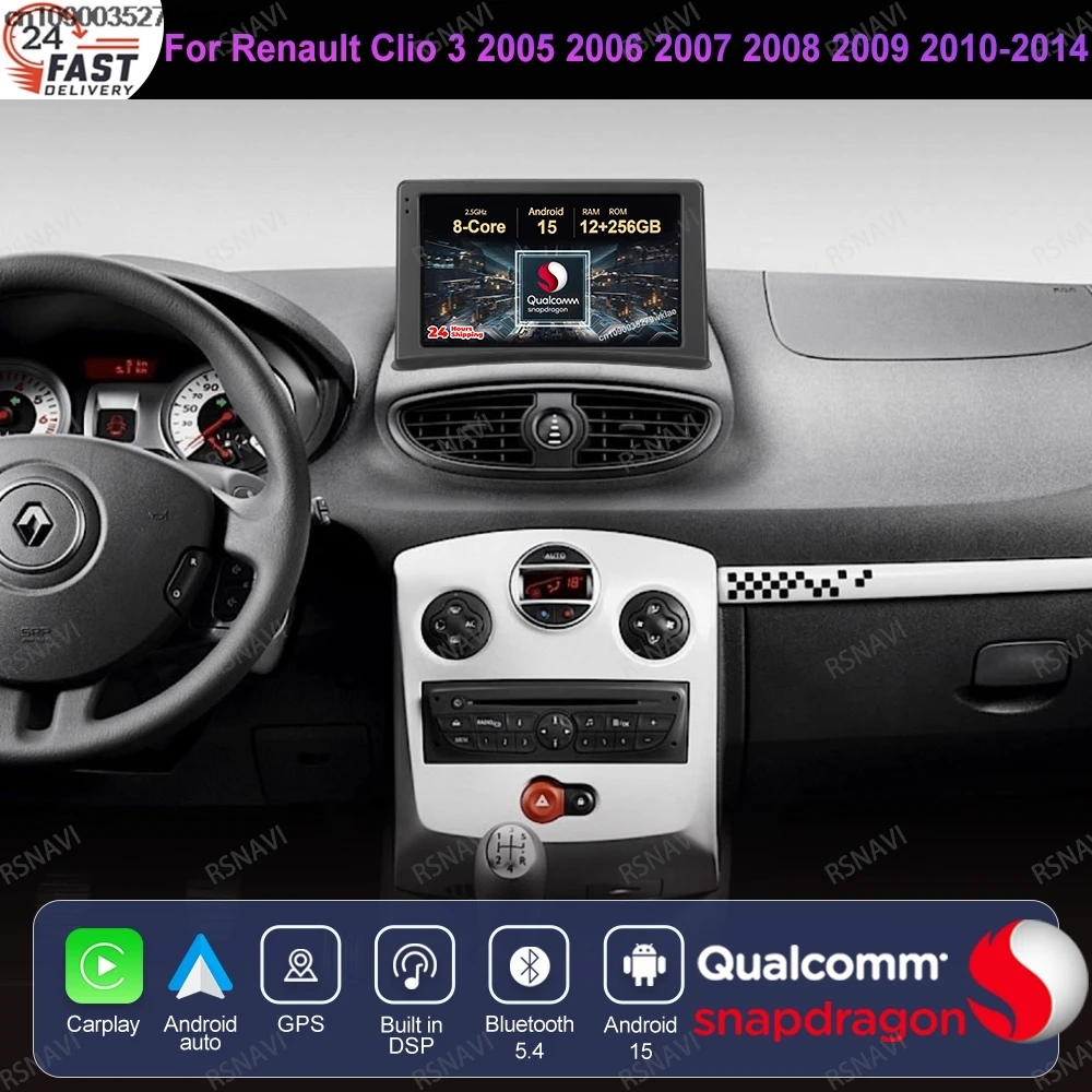 Android 15 For Renault Clio 3 2005 2006 2007 2008 2009 2010-2014 4G LTE Viedo Player Wireless Carplay Auto BT Autoradio QLED DVD