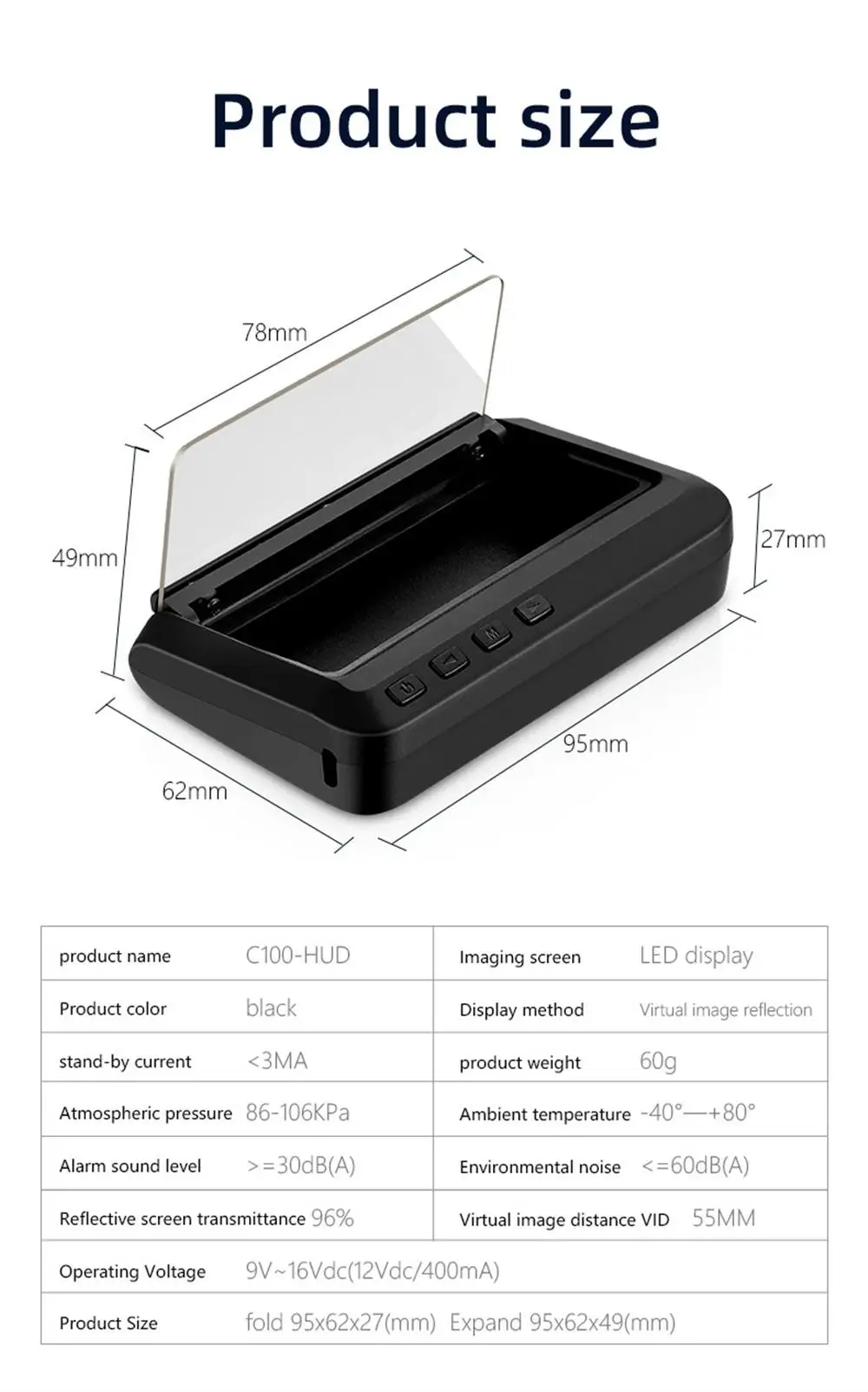 C100 OBD2 HUD Spiegel Head-Up-Display Digitaler Geschwindigkeitsalarm Wassertemperatur-Voltprojektor mit KM/H MPH Fahrzeugelektronik-Zubehör – Detail 23