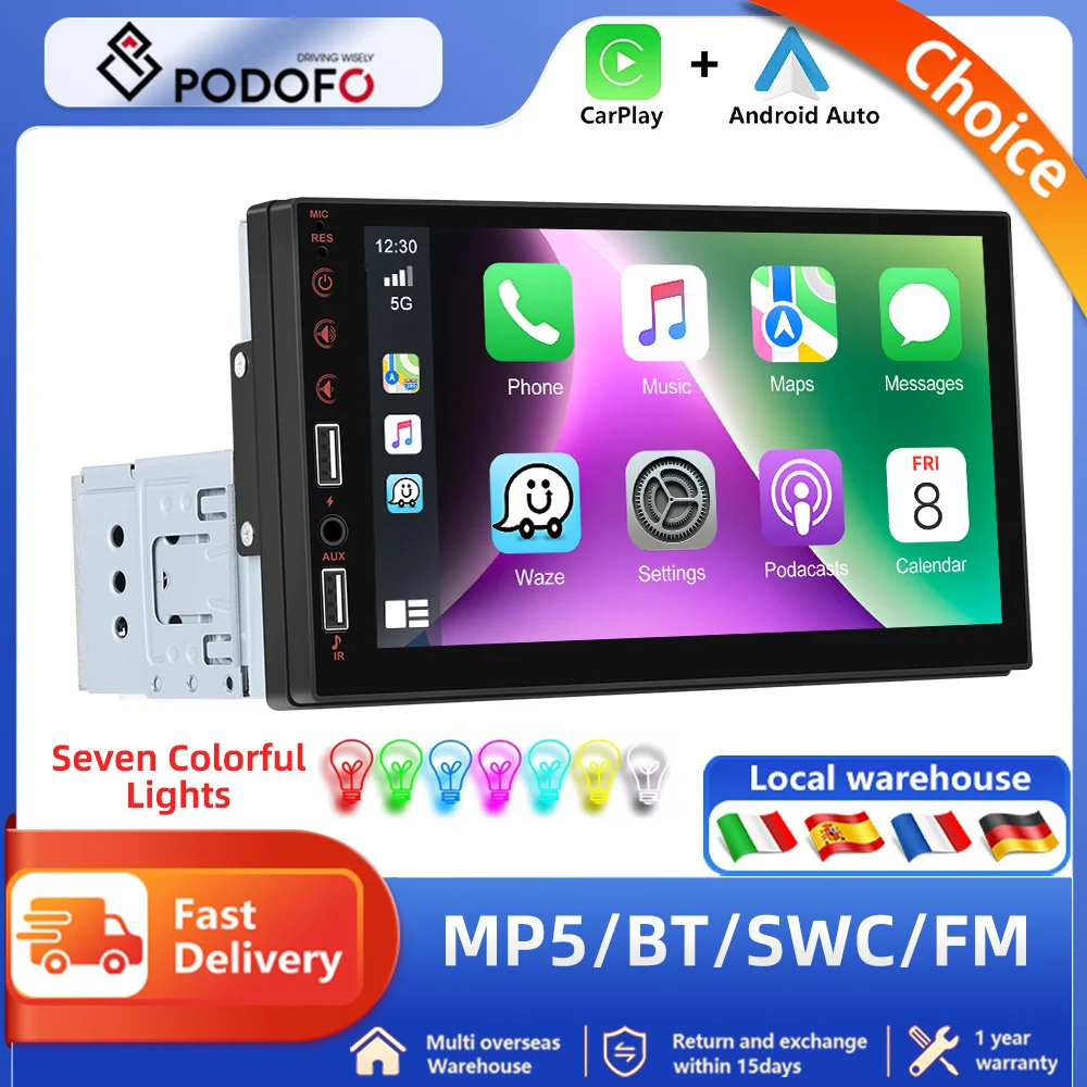 Podofo 1 Din Multimedia Player 7 Wireless Carplay autoradio Audio Stereo supporto Mirror-Link supporto telecamera per retromarcia