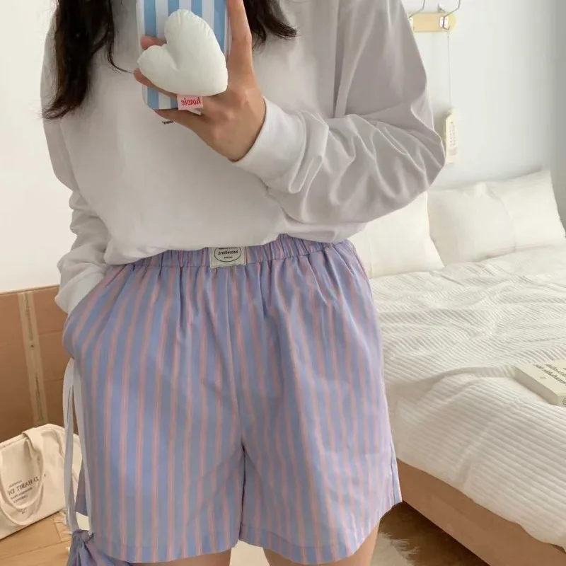 Women Striped Elastic Waist Shorts Sleep Bottoms Summer Ultra-thin Comfortable Midwaist Home Outerwear Shorts Casual Cute Shorts