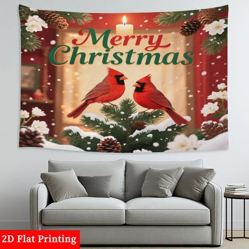 Double cardinals in the snow accompany Christmas, pine branches and candlelight to celebrate the holiday-Christmas hanging cloth